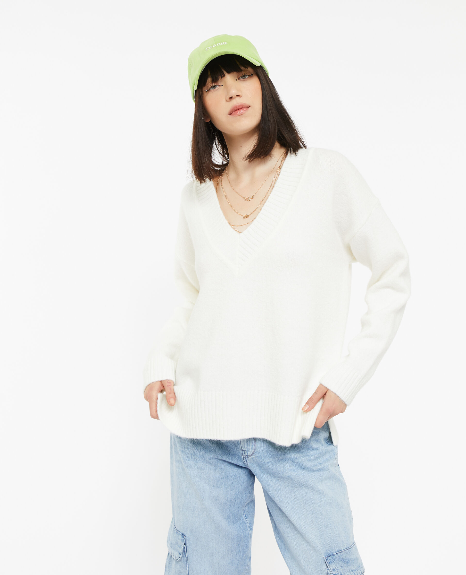 Pull droit avec grand col V - Blanc