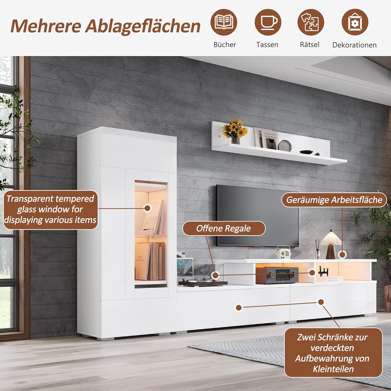 Kebnor TV Wohnwand Set 3-teilig LED Beleuchtung Hochglanz Wohnzimmer Möbel Set Frontale Wohnwand 1*TV Schrank, 1 *Wohnzimmer Vitrine,1 x Hängeregal, TV bis 75' (Weiß 1)