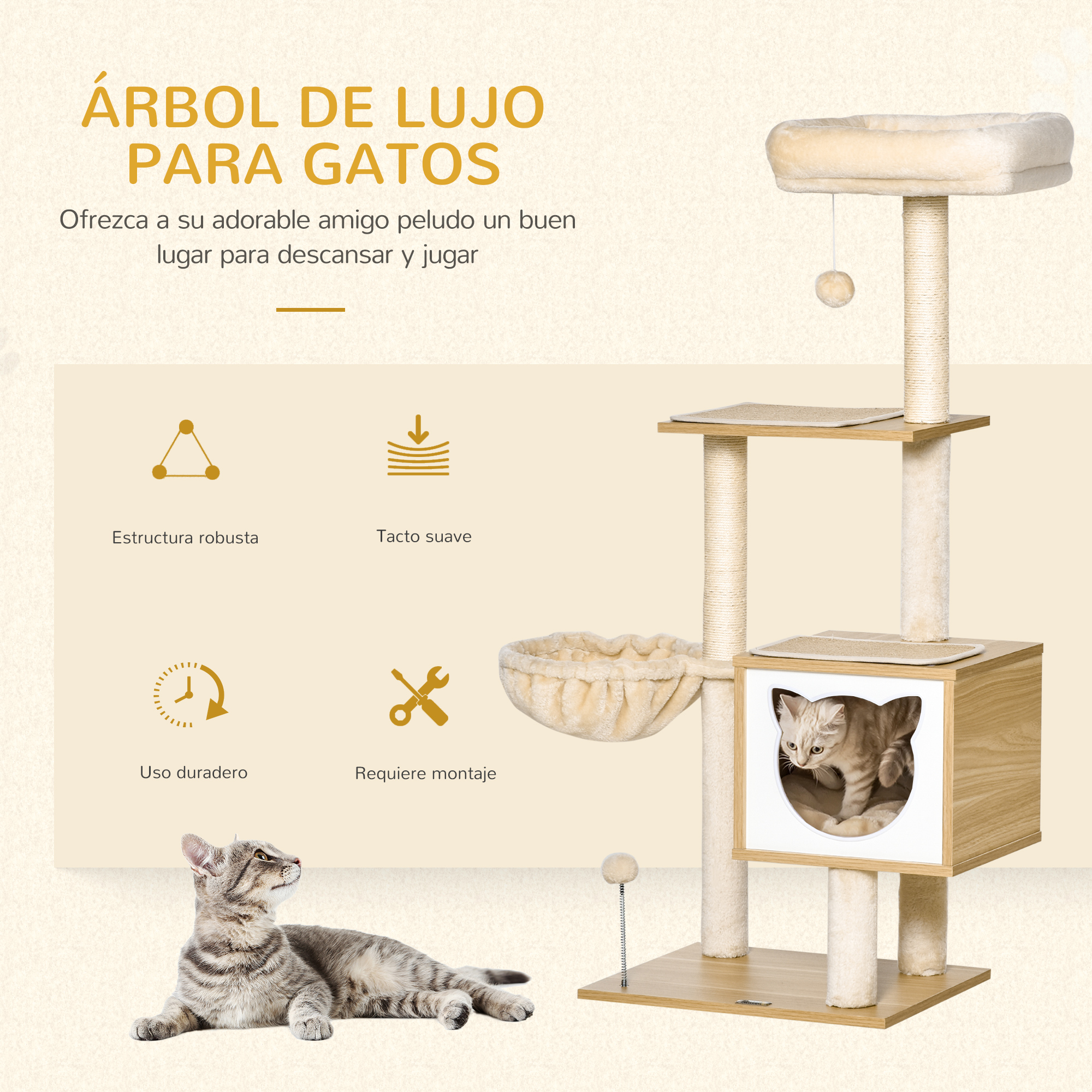 Arranhador para Gatos PawHut com Plataforma, 126 cm de Altura, Torre de Escalada para Gatos com Rede, Casinha, Cama, Postes de Sisal e Bolas para Brincar, 48x40x126 cm, Bege