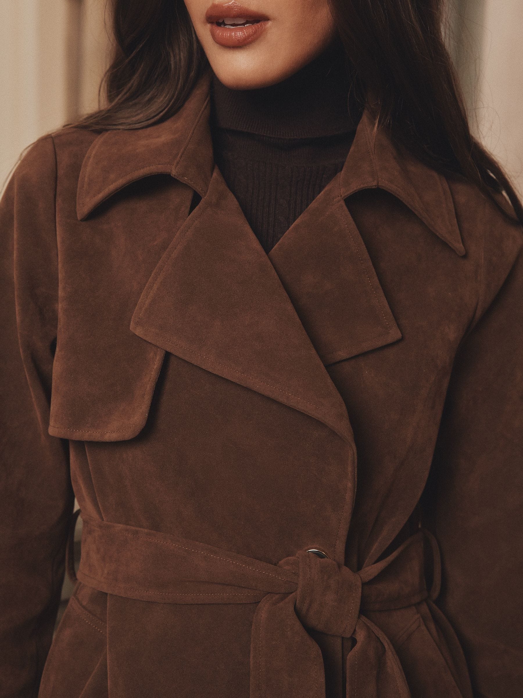 Chocoladebruin imitatiesuède - Lipsy Ruimvallende Lange Trenchcoat