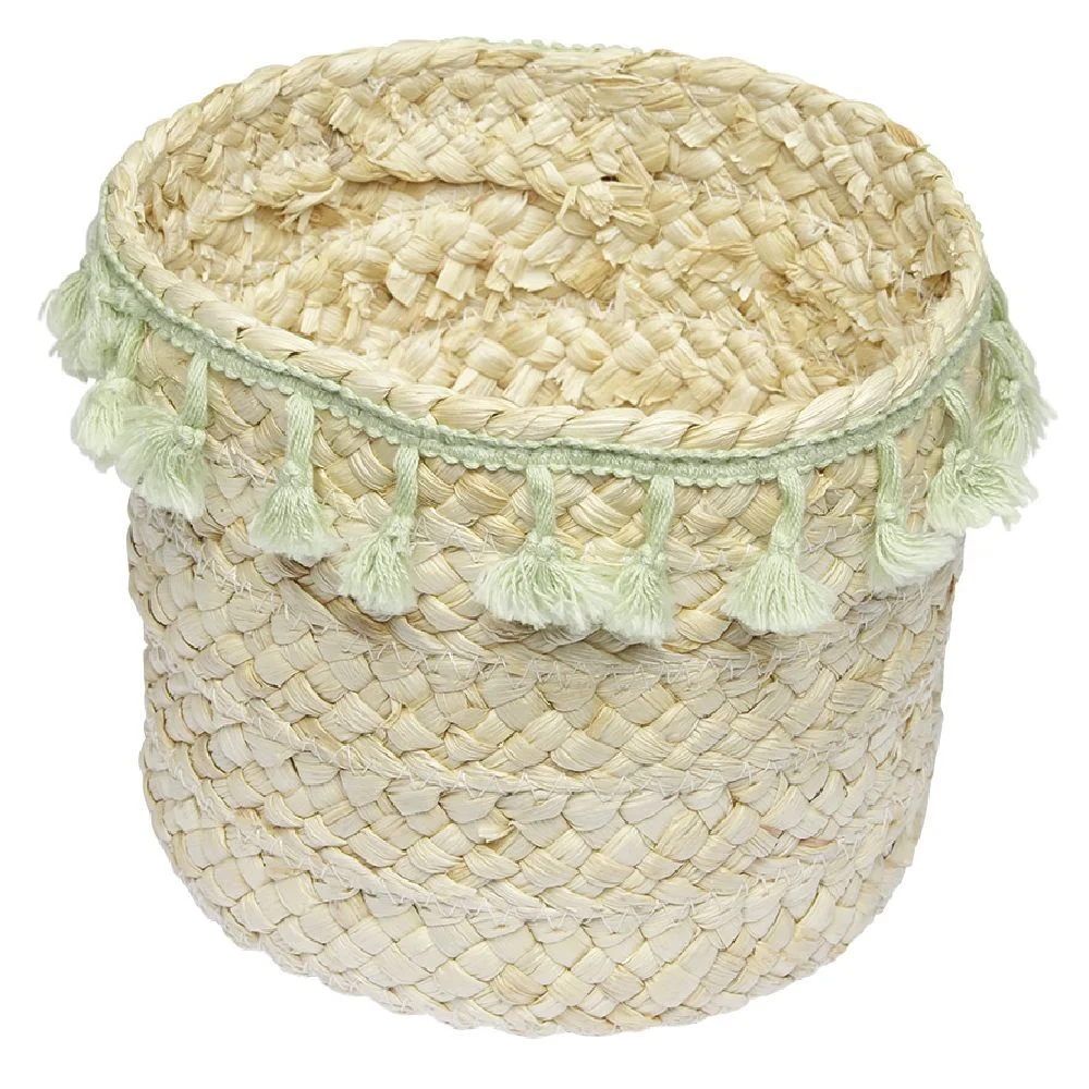 Panière ronde en jonc naturel avec pompons vert Ø19 cm