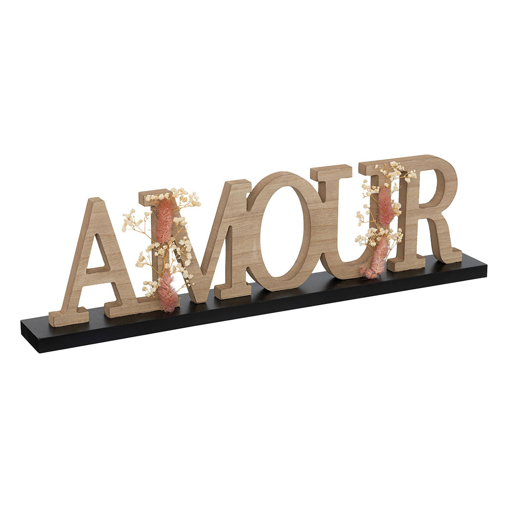 Mot déco à poser AMOUR fibres de bois et fleurs séchées 50cm