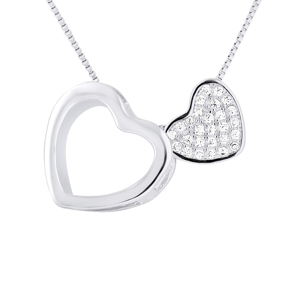Pendentif motif DOUBLE COEUR Argent 925 - Oxyde de Zirconium - Chaîne vénitenne Argent offerte