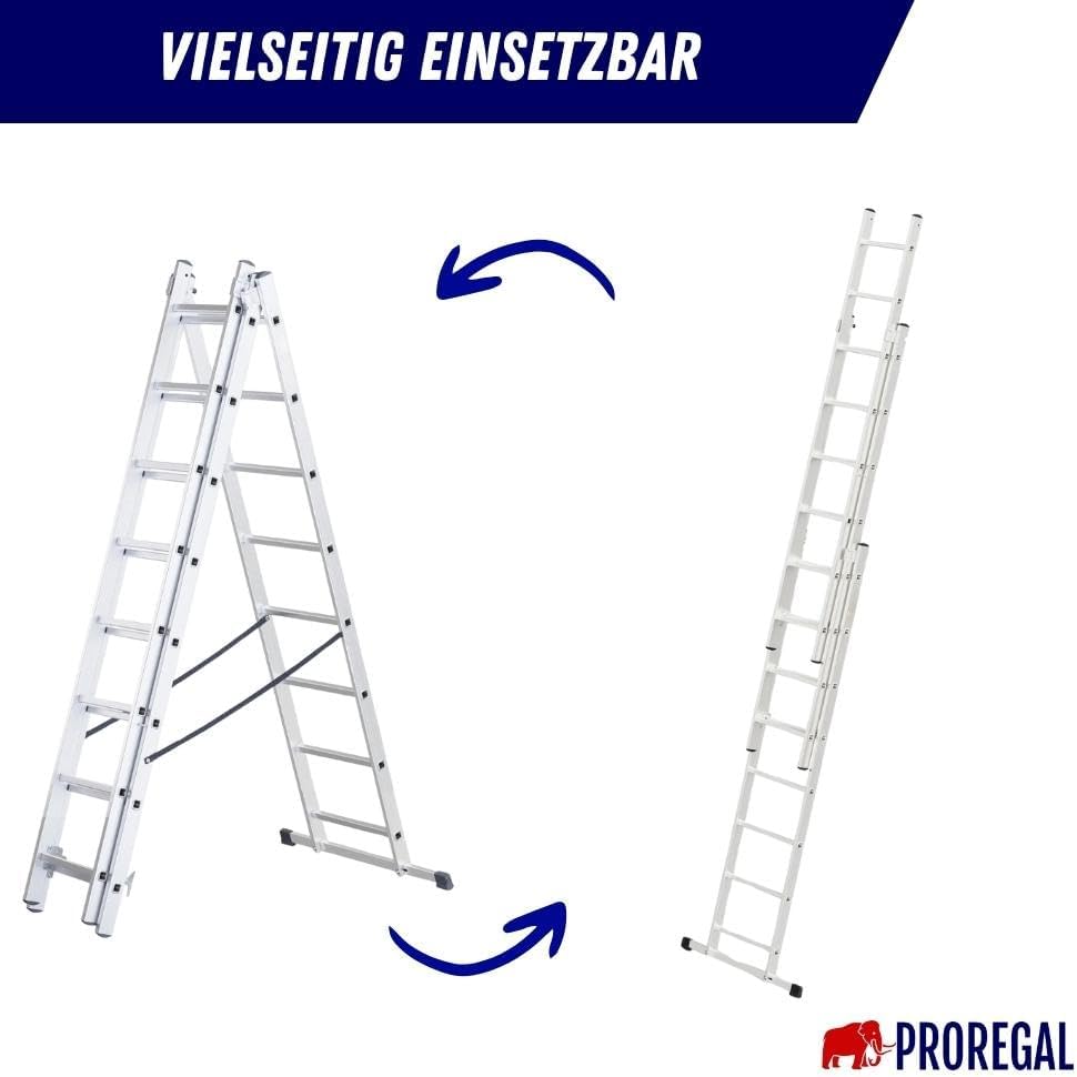 PROREGAL Economy Basic 3-delige multifunctionele ladder met dwarsbalk, 3 x 8 sporten, werkhoogte 4,97 m, draagvermogen 150 kg