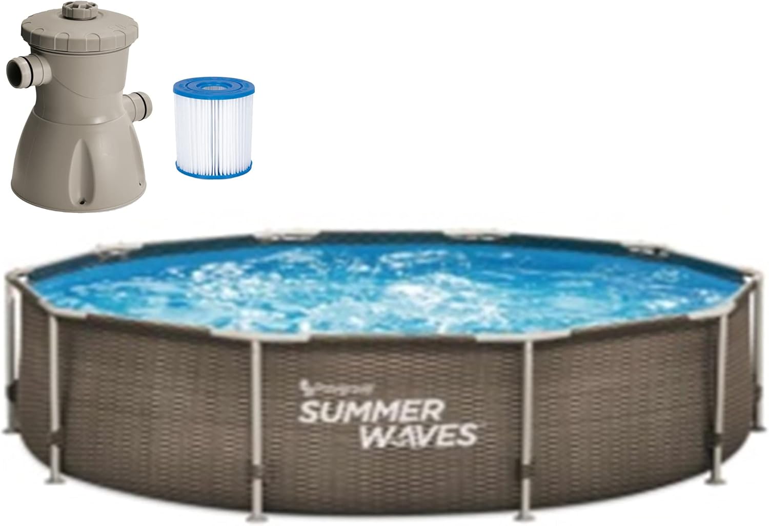 Summer Waves Frame Active Pool Dunkles Doppel-Rattan 305 x 76 cm mit Filterpumpe