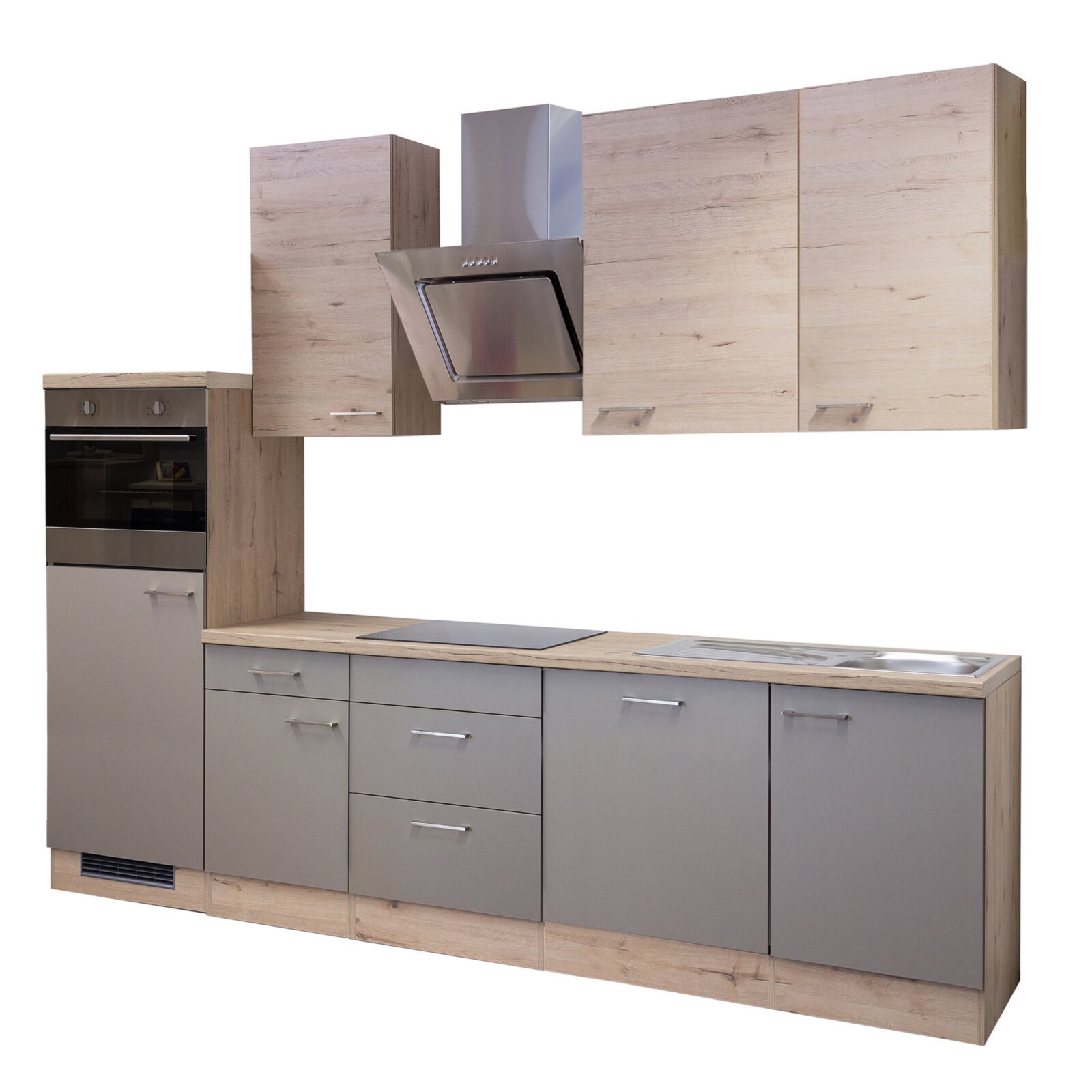 Küchenblock RIVA - Quarz Cubanit - San Remo Eiche hell - mit E-Geräten - 280 cm