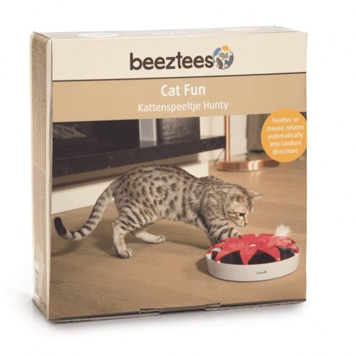 Brinquedo interativo para gatos nas cores rosa e branco.