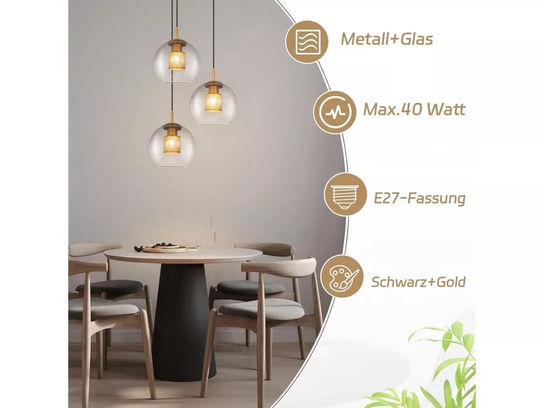 NETTLIFE Suspension table de salle à manger en verre - 1 flamme Vintage E27 Lampe à suspendre noir