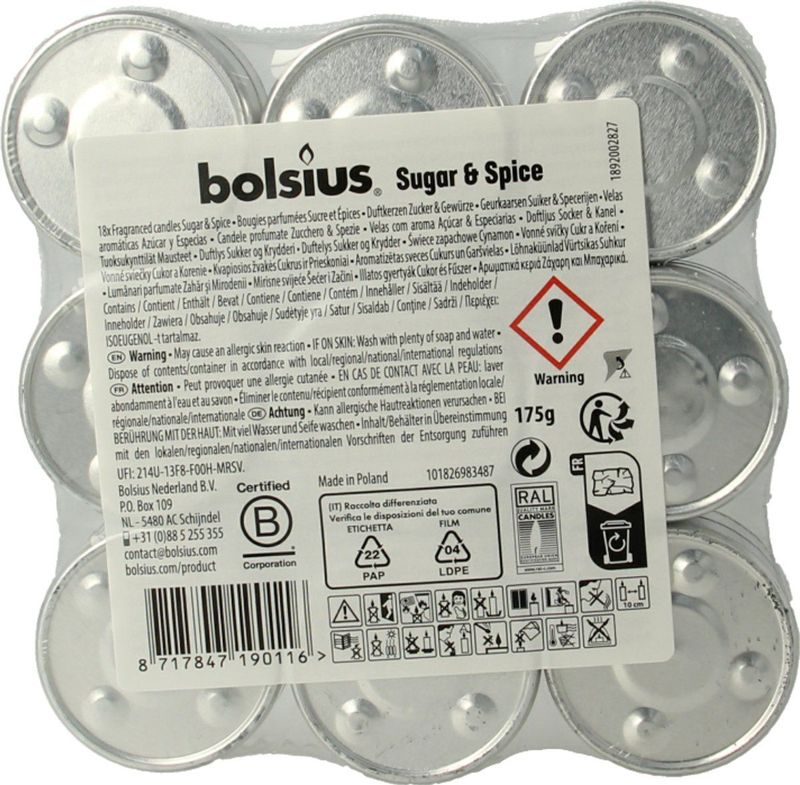 Bolsius - Geurtheelicht - 18 stuks per verpakking - Sugar & Spice