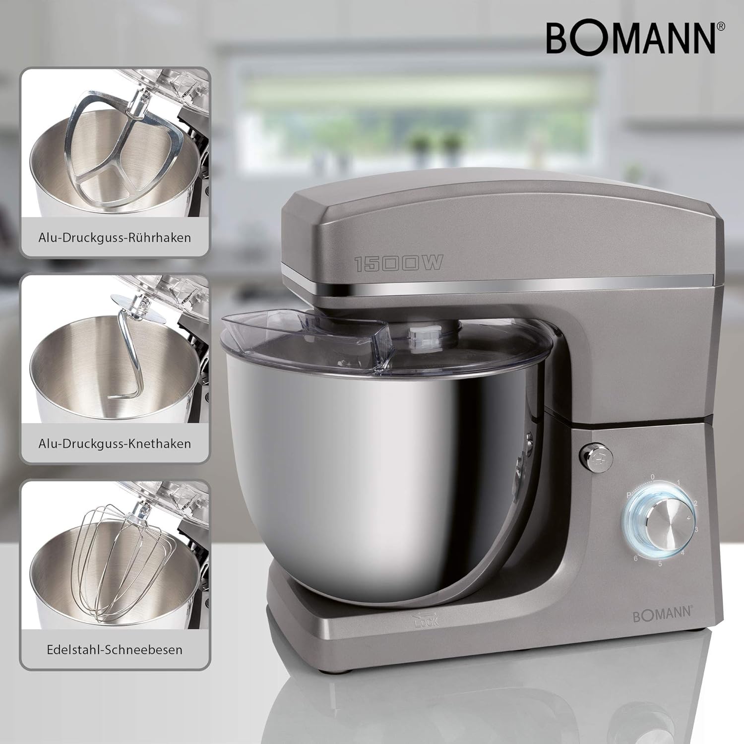 Bomann KM 6036 CB Robot pétrisseur 1500 W 8 vitesses Bol en acier inoxydable 10 l Capacité max. 6-6,5 kg Couvercle anti-éclaboussures avec ouverture de recharge Titane