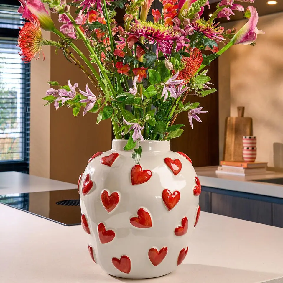 Mica Decorations Hearts Vaas - H33 x Ø30 cm - Keramiek - Wit, Rood