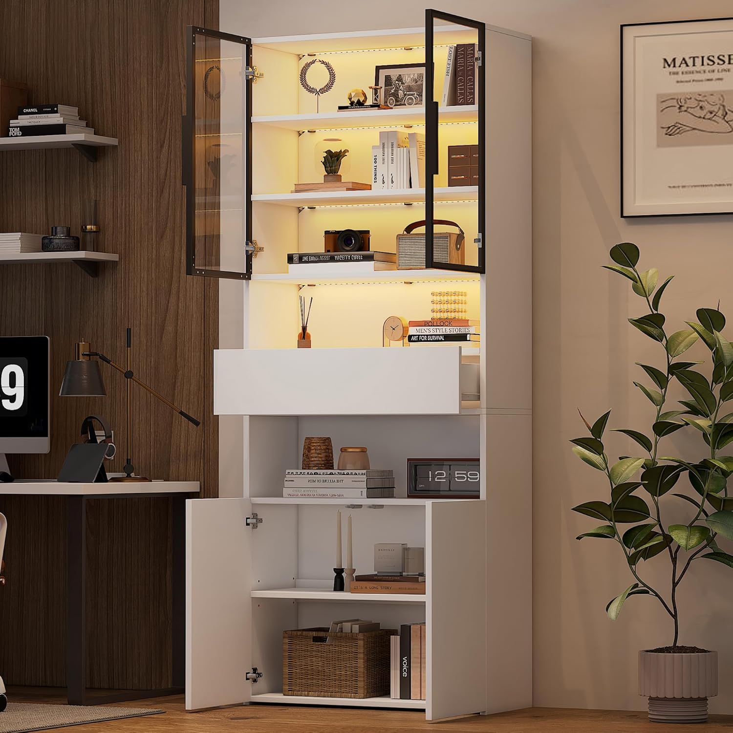 70*30*200cm Vitrine,Vitrinenschränke Mit Schubladen und Glastür, Mehrzweckschrank Glasvitrine mit LED, Hochschrank mit Offene, Speicherplattform,Bücherschrank,Standvitrine, Hoher Schrank,Weiß