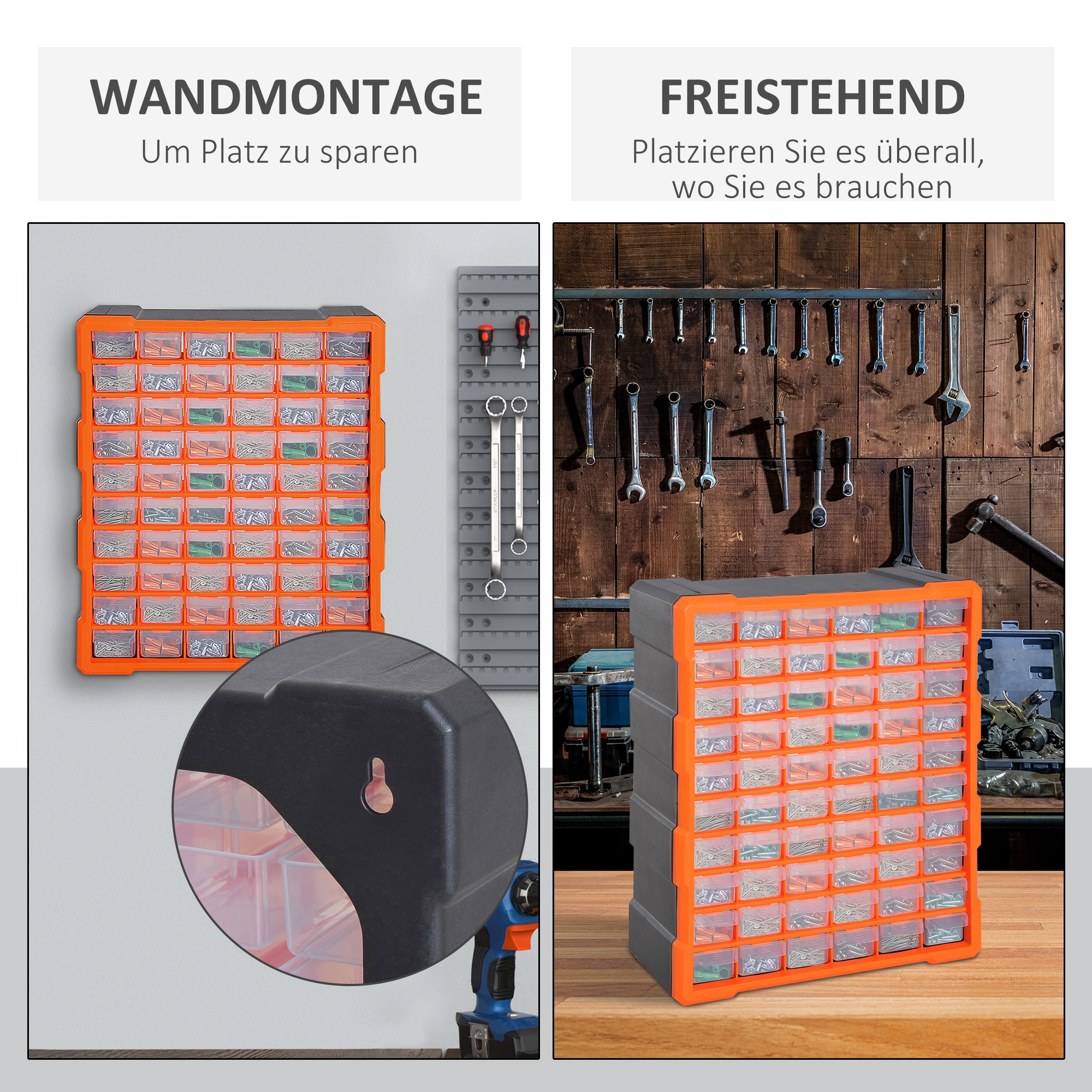 DURHAND Kleinteilemagazin mit 60 Fächer orange 38 x 16 x 47,5 cm (LxBxH)