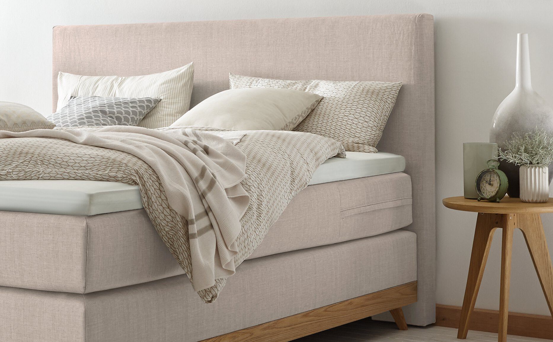 Boxspringbett HASENA SCANDIA 140X200 beige \/ Eiche bianco geölt Viskoschaum soft
