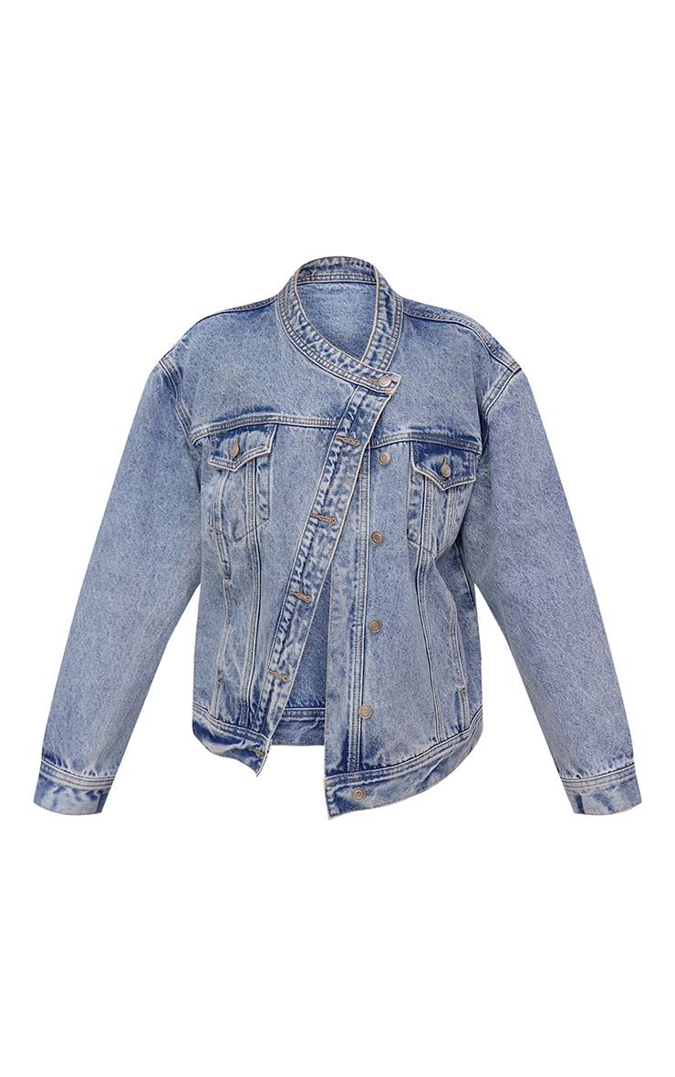 Mid Blue Wash Veste En Jean Boutonnée Asymétrique