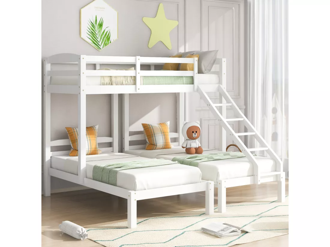 Lit superposé 90 x 200cm Lit triple - avec échelle latérale, sommier à lattes en pin, pour 3 personnes - Blanc