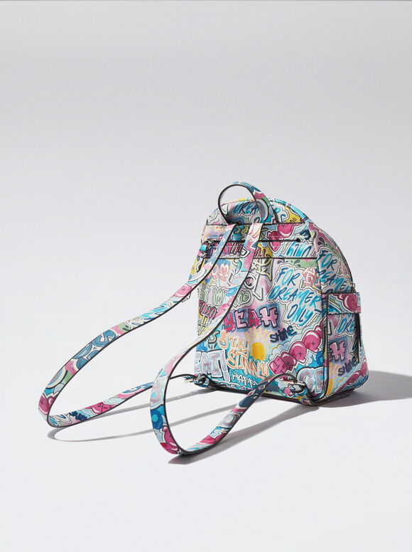 Mochila estampada com porta-celular - Azul