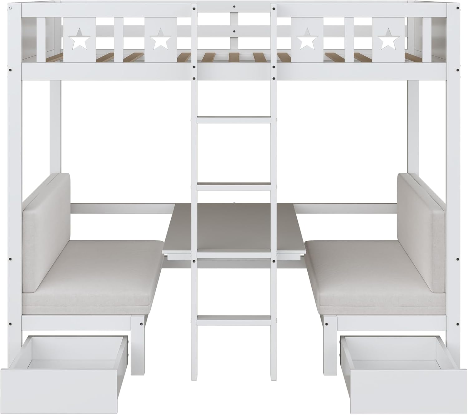 Platzsparendes Etagenbett für Kinder, Hochbett mit Flexibler Tisch und Holzsofa, Kinderbett mit Treppe und 2 Schubladen, 90x200cm Funktionsbett Stockbett Hochbett Jugendhochbett, Weiß, Ohne Matratze