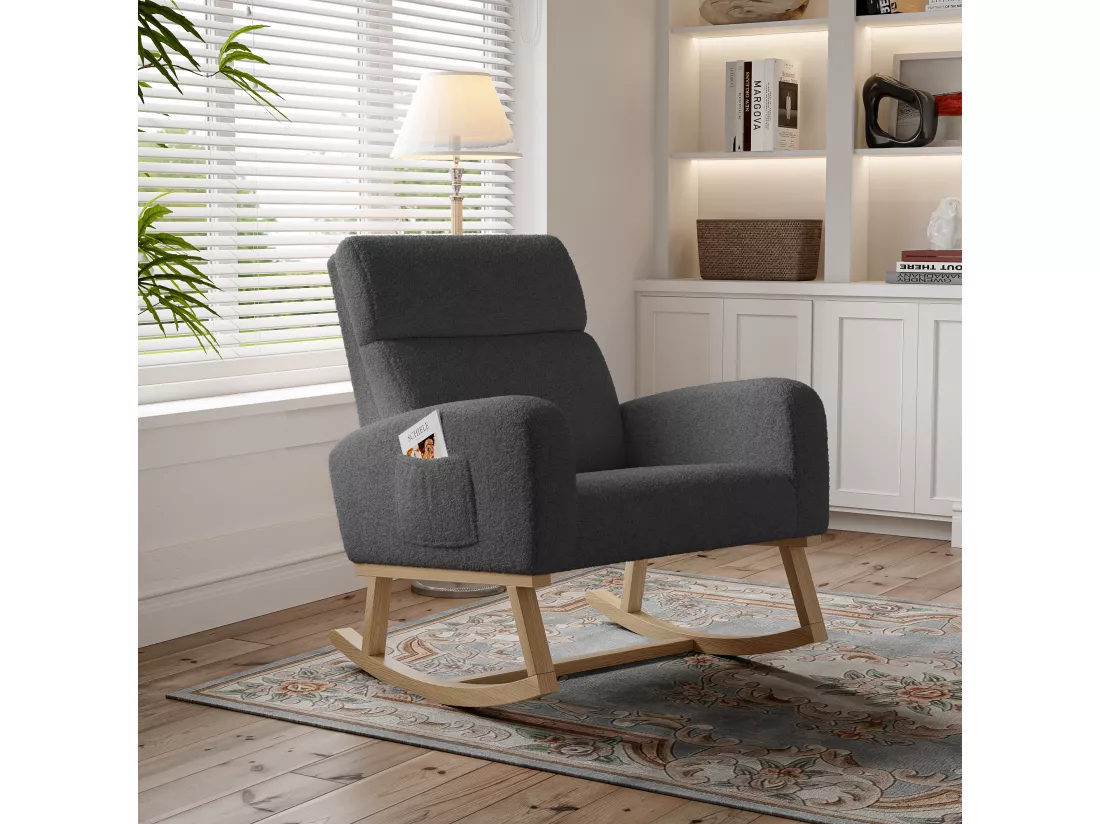 Fauteuil à bascule, avec accoudoirs, , dossier incliné, pieds en bois massif, - Gris foncé