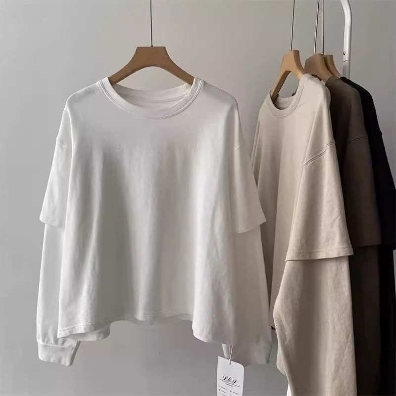 fluffush - Mock Two-Piece Crew Neck Plain Sweatshirt