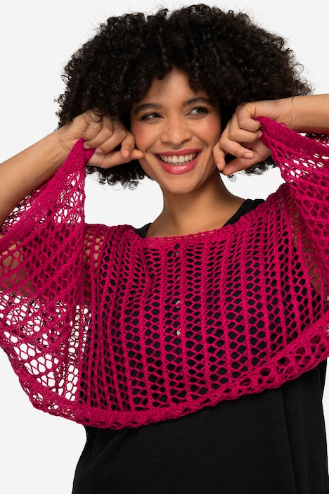 Poncho, oversized, Netz-Strick, U-Boot-Ausschnitt, Langarm