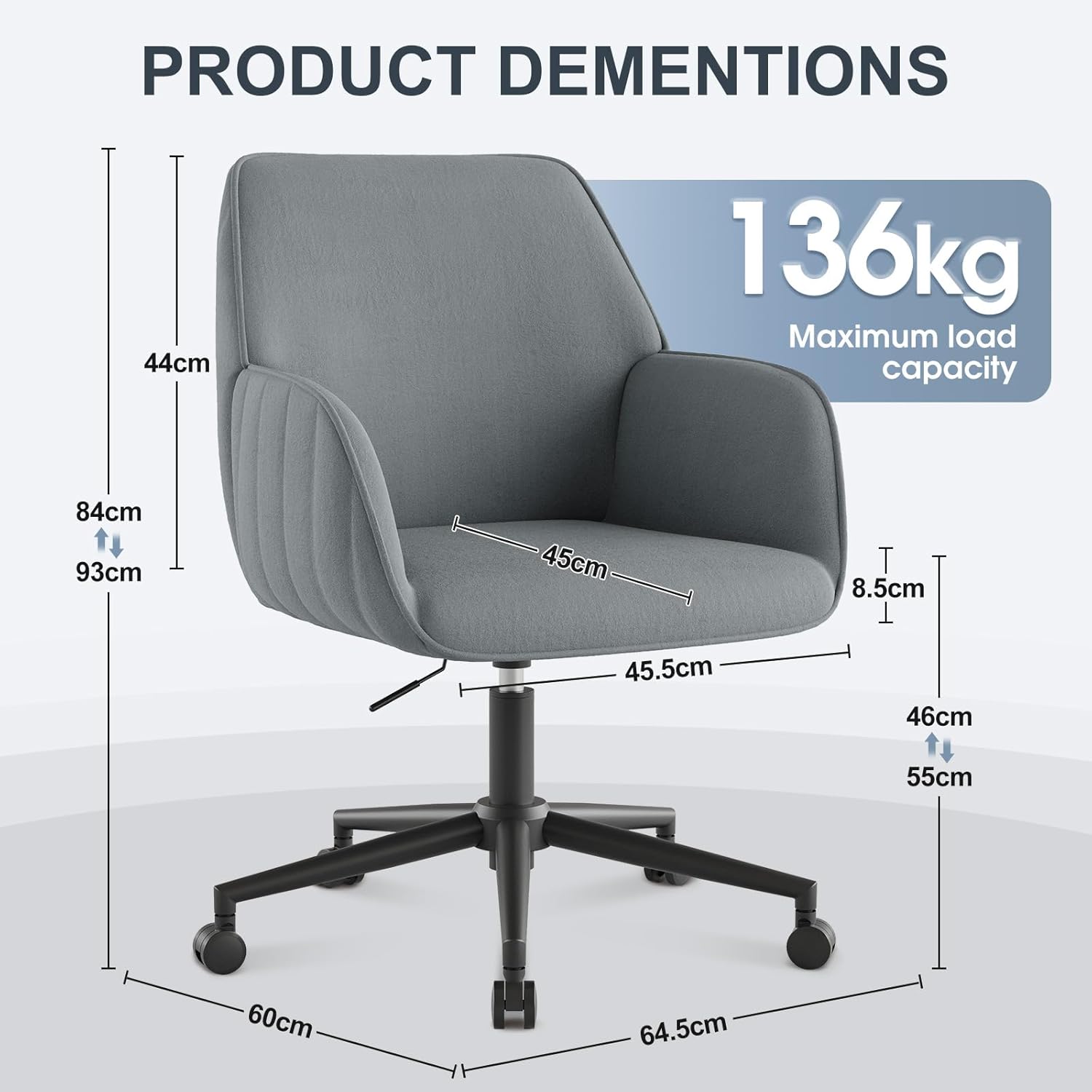Schreibtischstuhl Bürostuhl Homeoffice bis 136kg Drehstuhl Samt Schminkstuhl mit Armlehnen Rollen Ergonomisch Bequem Frauen Mädchen Vanity Chair Höhenverstellbar Schlafzimmer Heimbüro Grau LB3869987