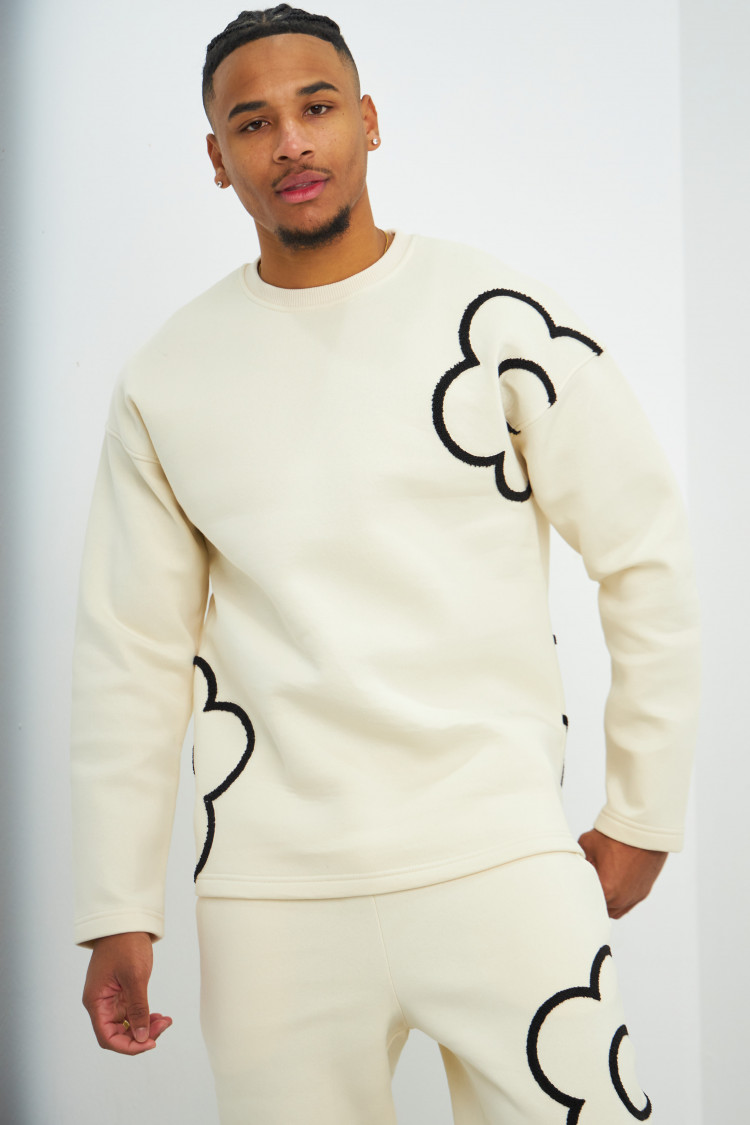 Ensemble 2 pièces sweat + jogging beige et noir à fleurs
