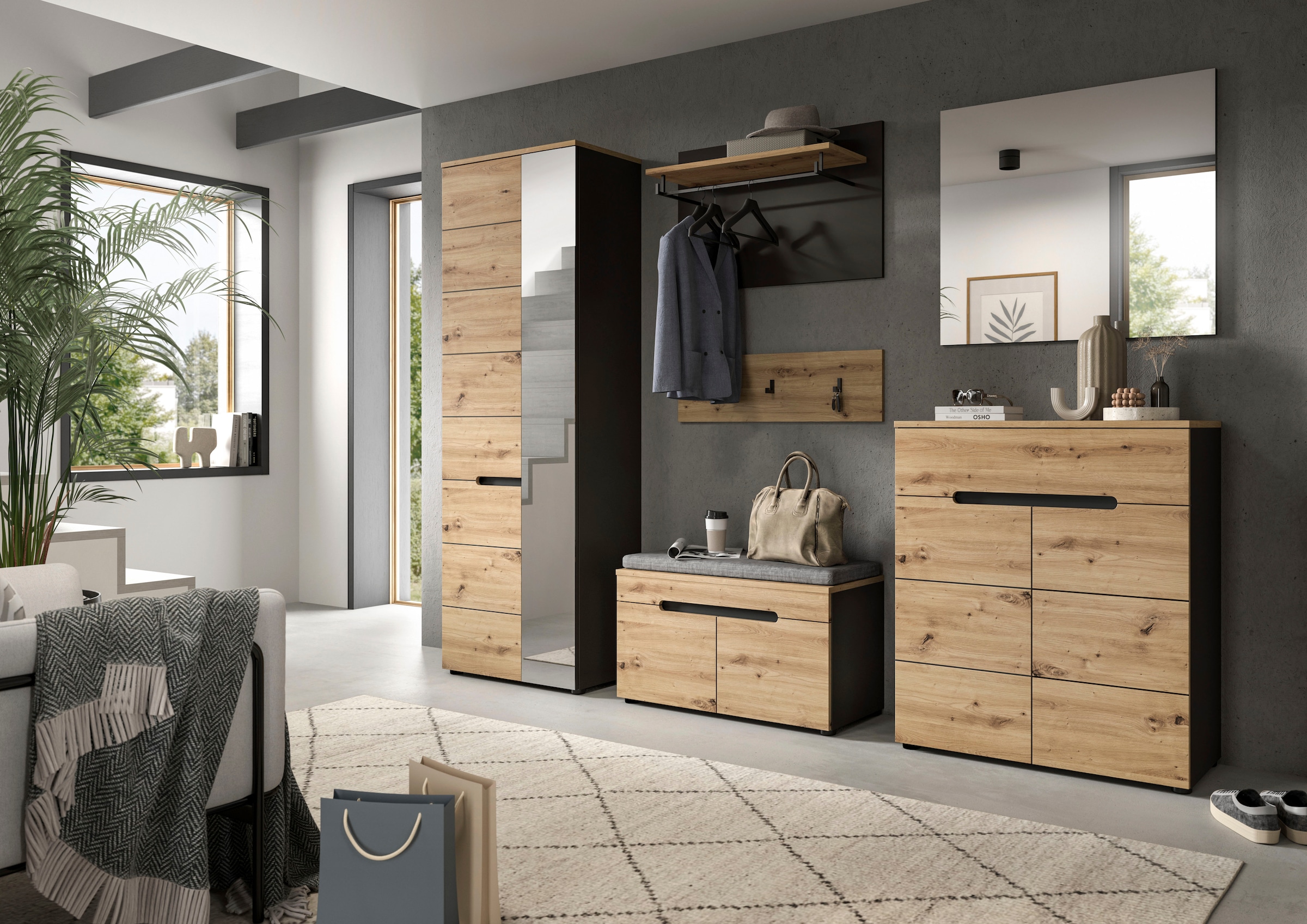 INOSIGN Garderoben-Set »Rehat, Garderobenkombination, Breite 255cm« Garderobenschrank, Sitzbank, Paneel, Hakenleiste, Spiegel, Kommode, 6 Stk. tlg.