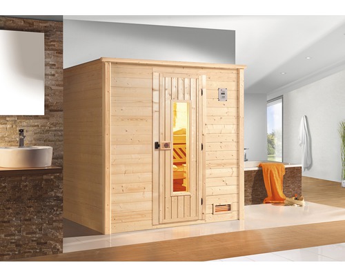 Massief houten sauna Weka Bergen HT Gr.3 incl. 7,5 kW kachel en digitale bediening met houten deur en isolatieglas