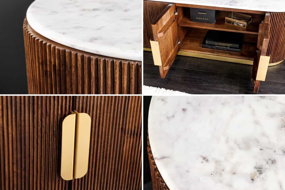 Design TV-Board GATSBY 170cm braun gold Mangoholz weiße Marmorplatte Lowboard