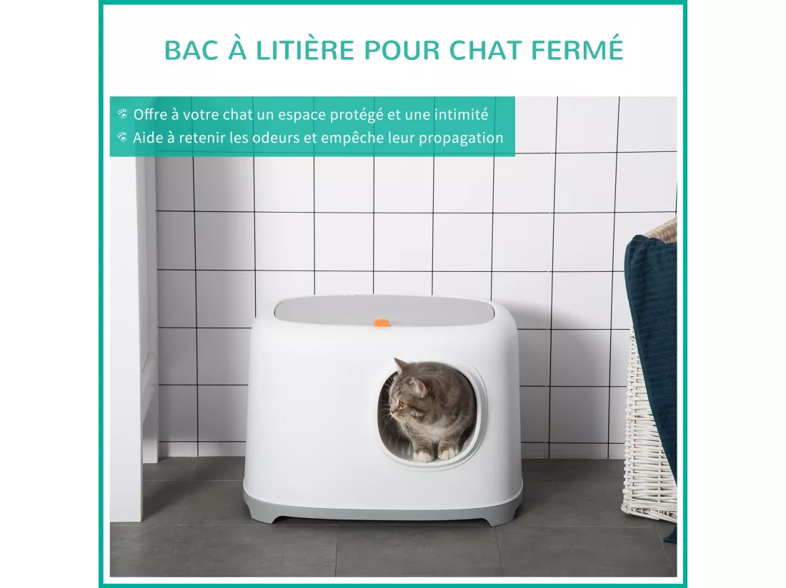Maison de toilette litière pour chat - porte, couvercle ouvrant - pelle incluse - blanc gris clair