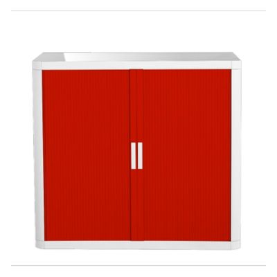 Armoire basse à rideaux EASY OFFICE - 110 x 104 x 41,5 cm - Corps et poignée blanc - Rideaux rouge