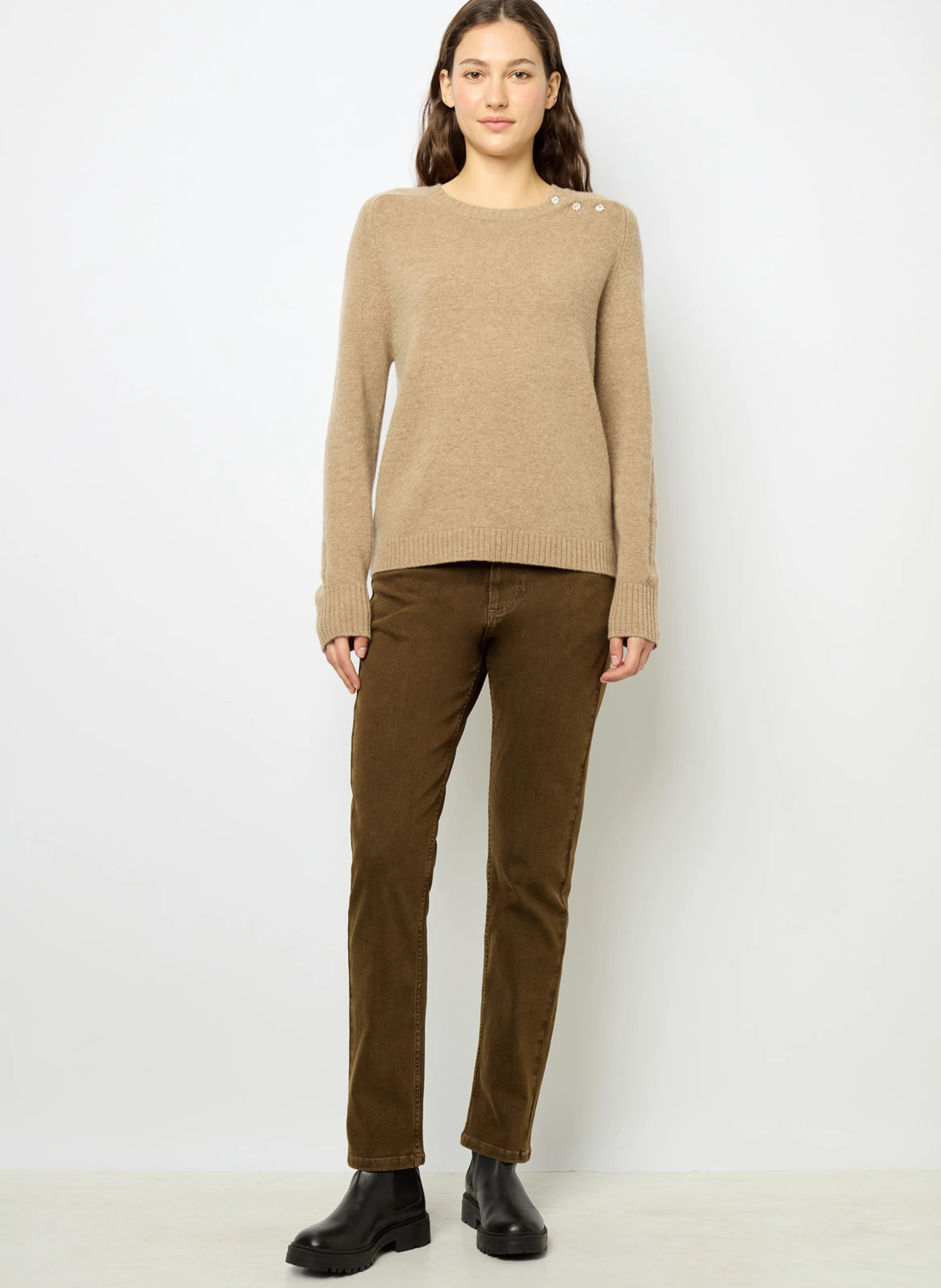 JOLENE - Pull col rond en laine mélangée| Beige
