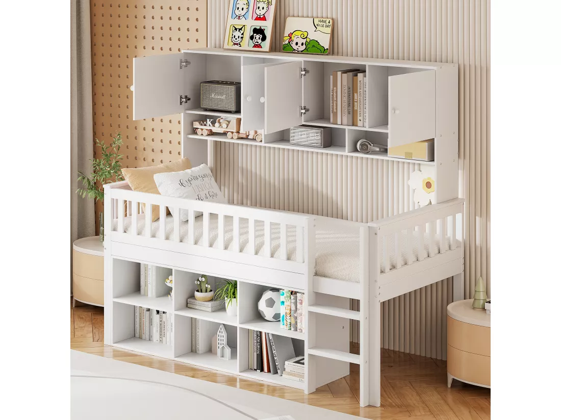 Lit enfant en bois 90x200cm - avec compartiments de rangement - Blanc