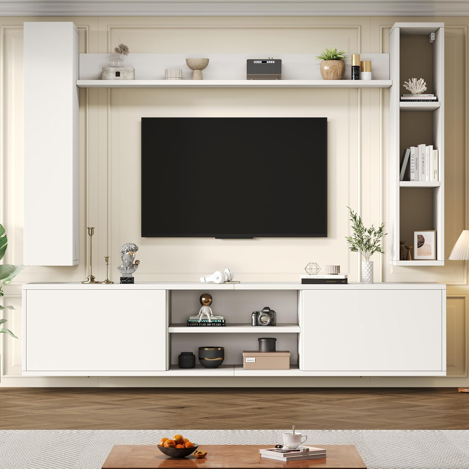 Merax Wohnwand Wohnzimmer 4-Teilig Set, Wohnzimmer Möbel Set, TV Lowboard, Wandregal, 2 Wandschrank, Vitrine Hängend oder Stehend, Wohnzimmermöbel Komplett, Elegante Schrankwand, Mediawand, Weiß