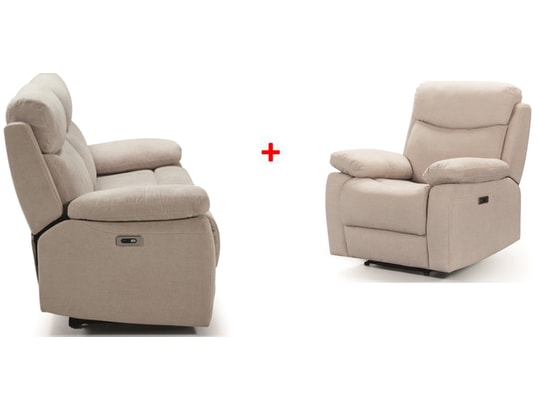 CONCEPT1 - Salon tissu Mallorca crème 3 places électrique + fauteuil elec