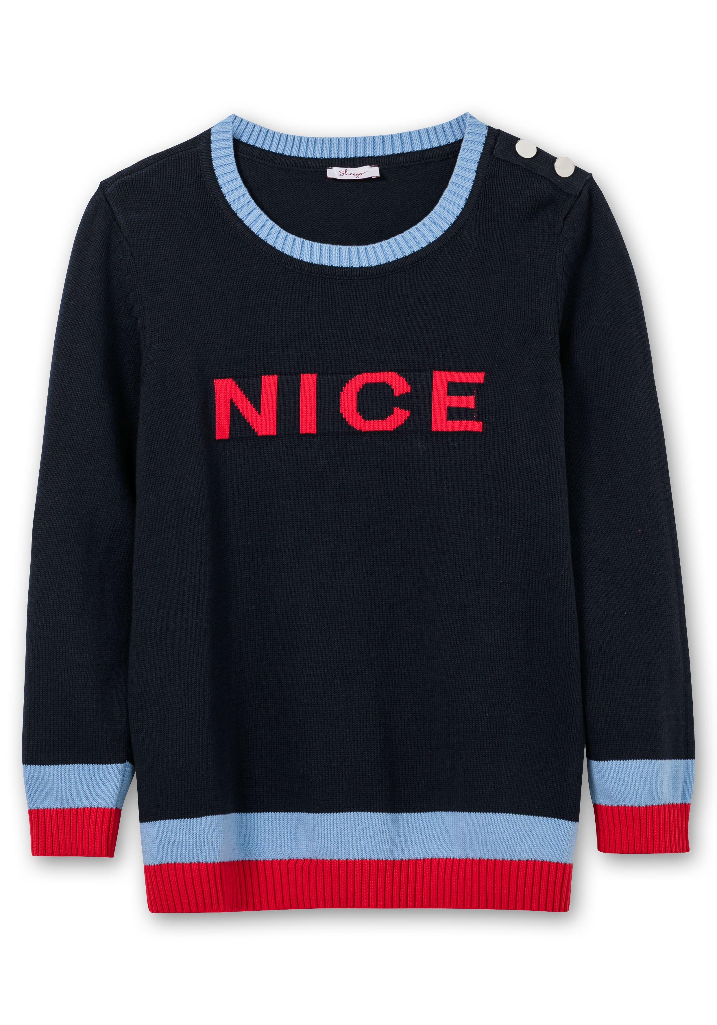 Pullover mit Wording-Intarsien und Zierknöpfen