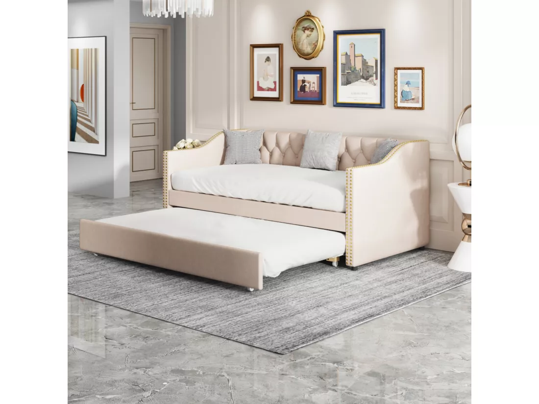 lit gigogne 90x200cm, canapé-lit, lit banquette 2 places, sommiers à lattes, canapé lit convertible style moderne - Beige