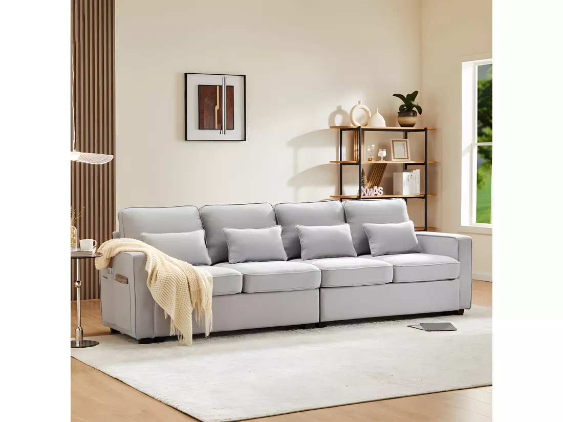 Canapé droit 4 places avec poches accoudoirs et 4 coussins pour le salon l'appartement le bureau Tissu de lin Gris