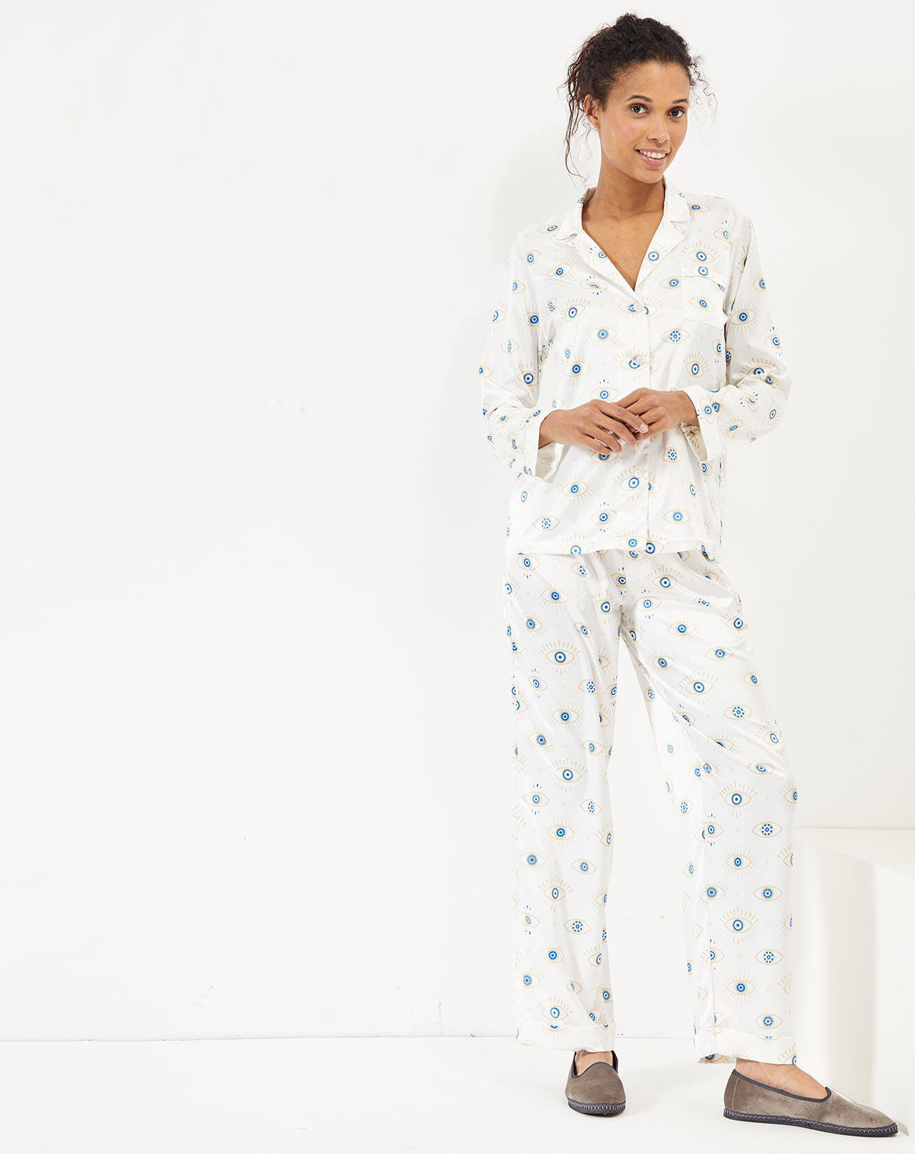 Quartier Latin Pyjama satiné Eye blanc/bleu/doré