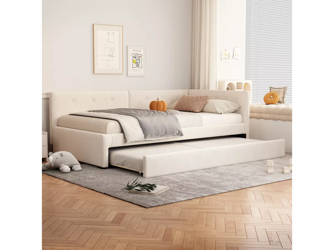 Lit gigogne 140 x 200 cm + 90 x 190 cm avec tête de lit - velours - beige