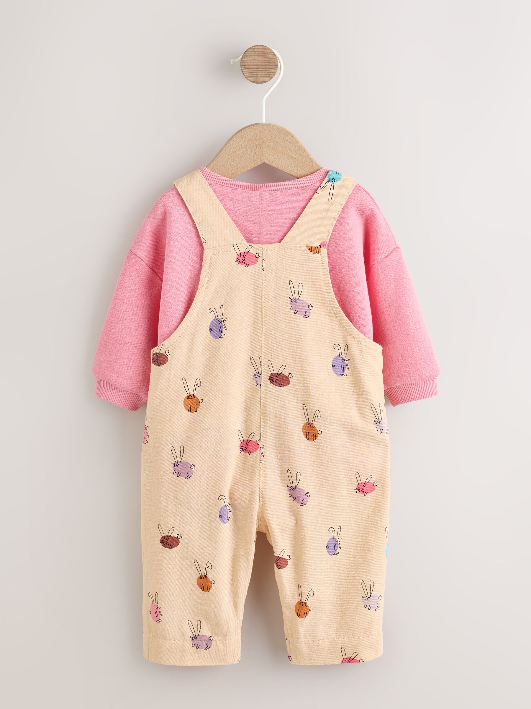 Crème/Roze konijn - Babyset van tuinbroek en rompertje, tweedelig (0mnd-3jr)