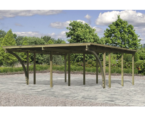 Dubbele carport Karibu Eco 2C van PVC-panelen met 2 inrijbogen, zonder beslag, 527x576 cm, drukgeïmpregneerd