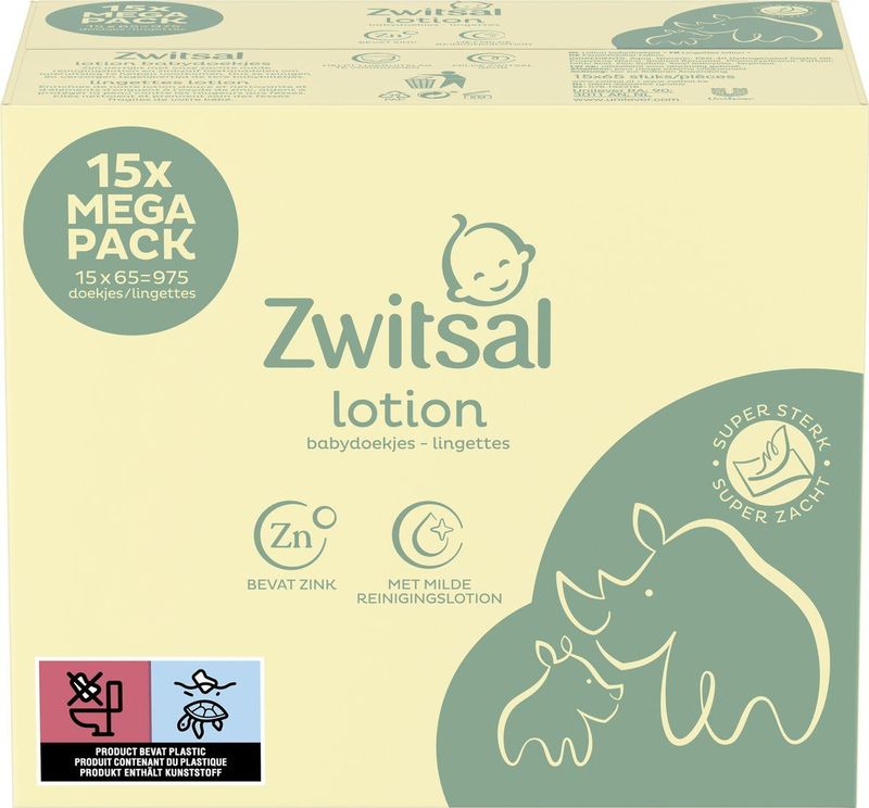 Zwitsal Billendoekjes Voordeelverpakking - Lotion - dermatologisch getest en alcoholvrij - 15 x 65 - 975 billendoekjes