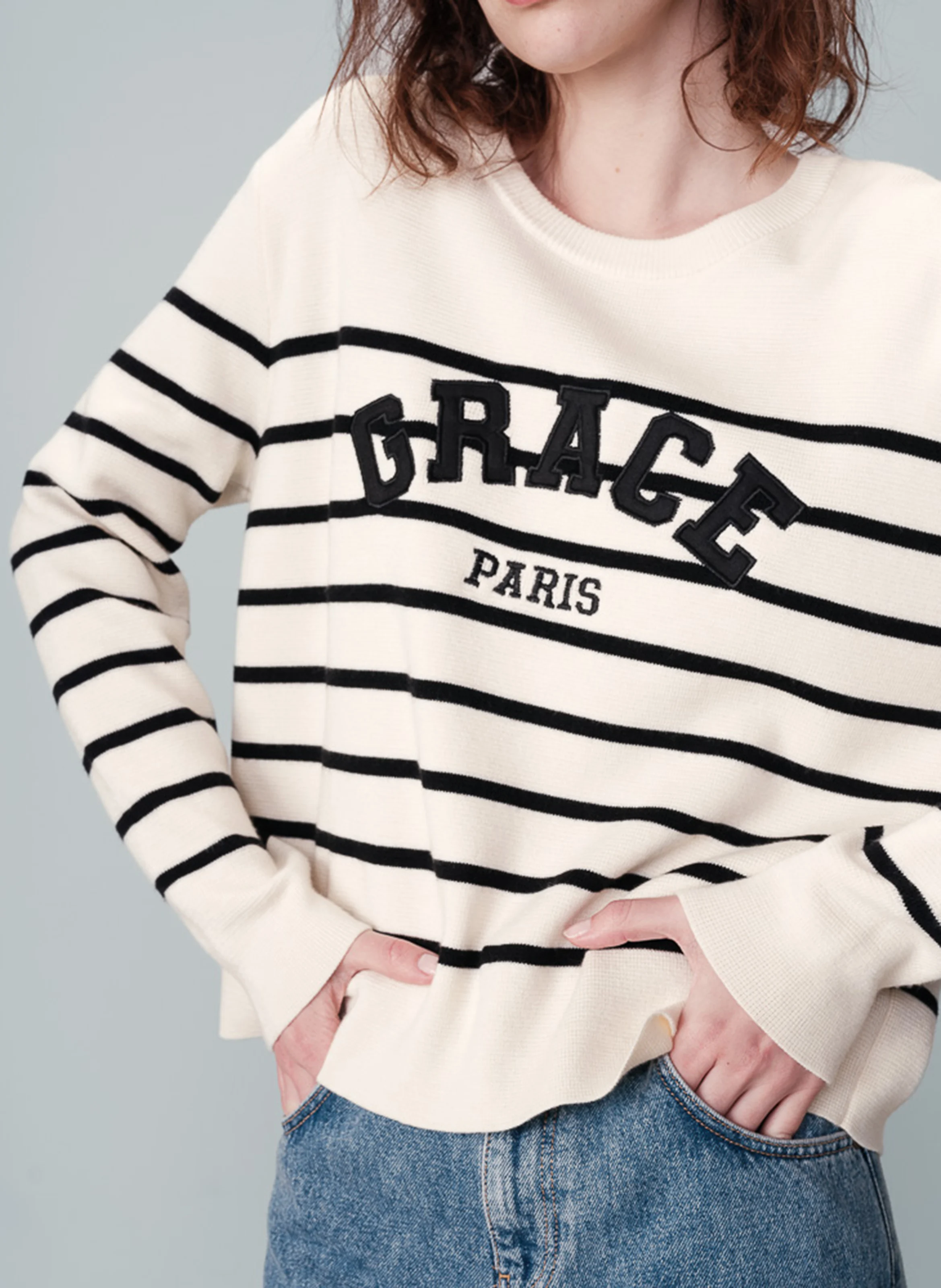 NAHIA - Pull col rond droit rayé | Beige