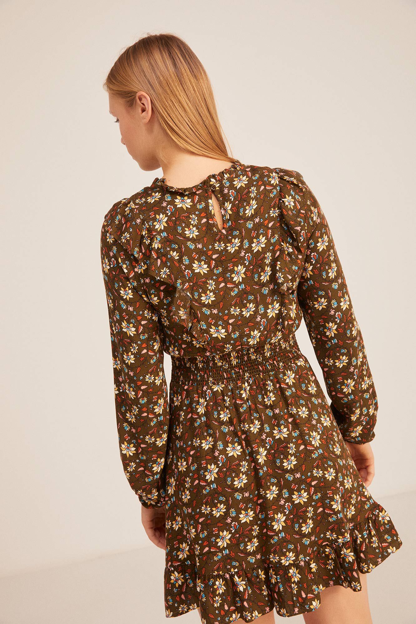 Vestido curto Indiana Flower - cáqui claro