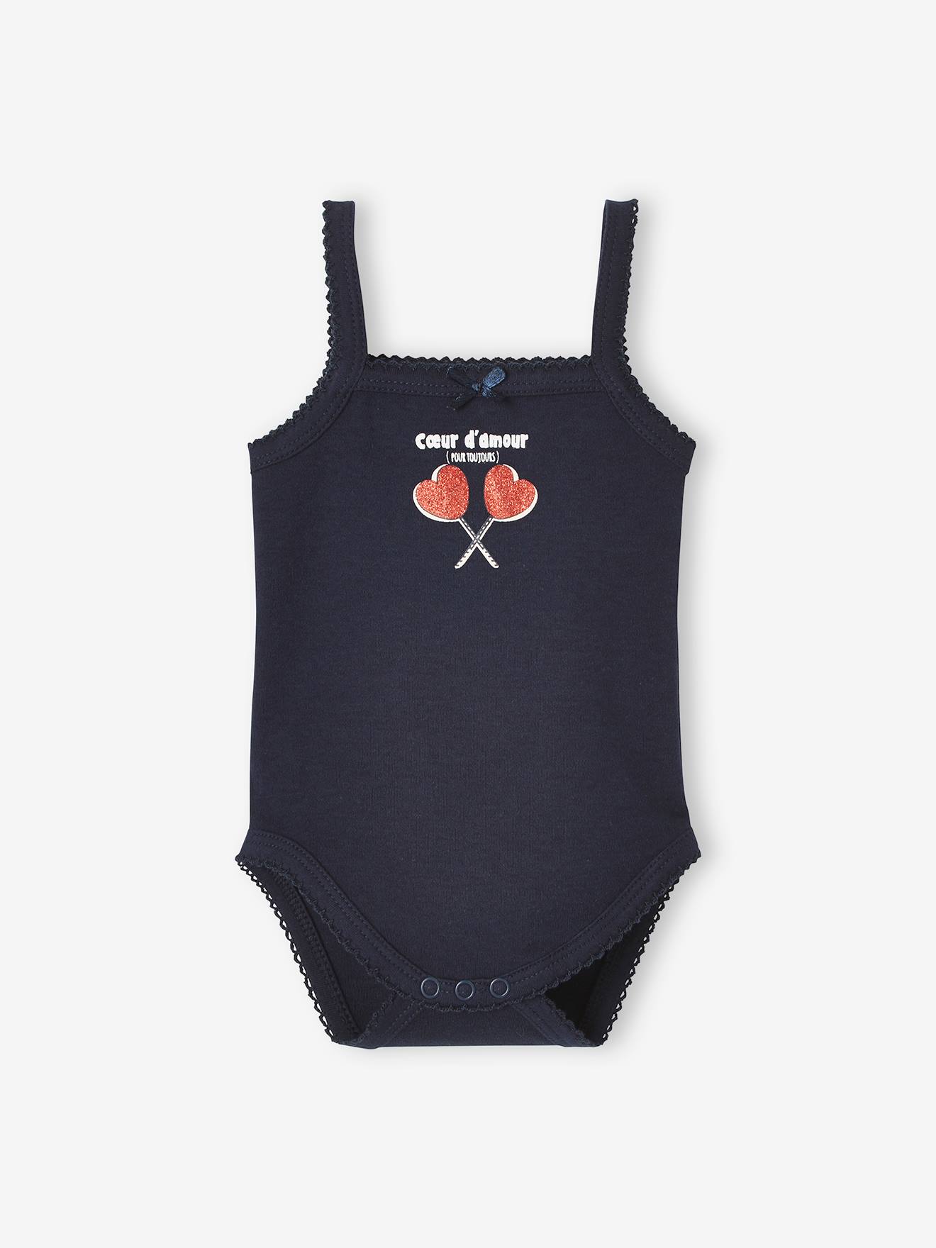 Conjunto de 3 bodies de bebê com estampa de corações e alças finas, azul escuro bicolor/multicolorido
