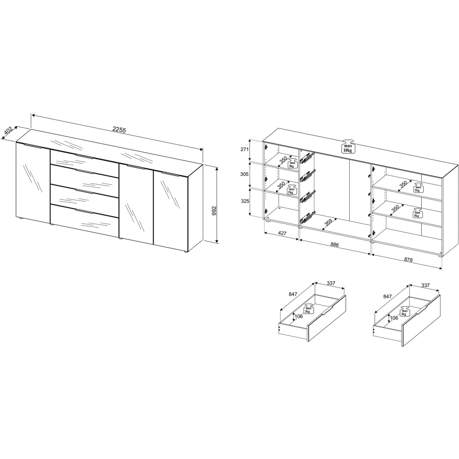 Sideboard Santo, Spanplatte Glas weiss, 226 x 99 x 40 cm