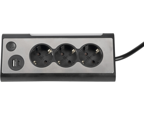 Drievoudig stopcontact met 1x USB-A-poort en 1x USB-C-poort, 1,5 m kabel met schokbescherming, zwart/zilver