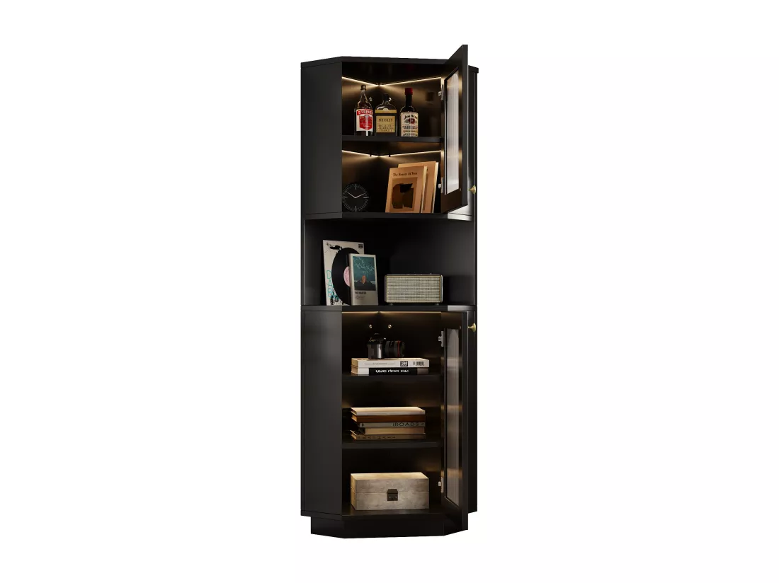 Colonne d'angle de salle de bain - 2 portes et 1 niche de rangement - 45x 45 x 166,5 cm - LEDs - MDF - Noir